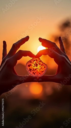 Hands form heart shape holding vibrant fruit slice at golden hour sunset.