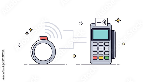 Contactless payment ring illustrated with a minimal band near a payment terminal and soft wireless signal lines connecting them. A modern badge style scene