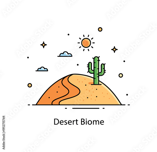 Landscapes and habitats desert environment concept featuring a rounded sand dune with a small cactus and minimal sun icon above, symbolizing arid climate and