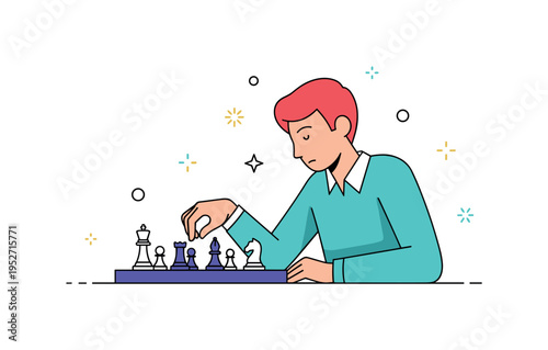 A person playing chess alone with a focused expression, representing strategic thinking, concentration, and intellectual leisure. Minimalist flat vector