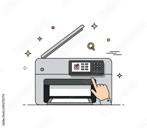 Printer and copier with an open scanning lid and digital screen displaying options, emphasizing user interaction, multifunctionality, and office technology.