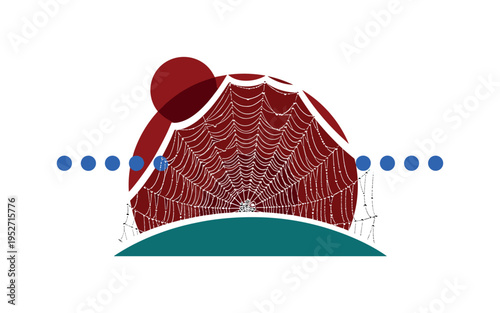Black and white dew-covered spider web with droplets visible as small highlights, bold deep red circle behind the web?s upper quadrant, teal semicircle beneath