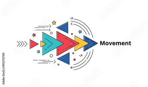 Dynamic geometric motion concept showing staggered triangles and curved arcs forming directional flow. Subtle arrow hints and a ?Movement? caption create a