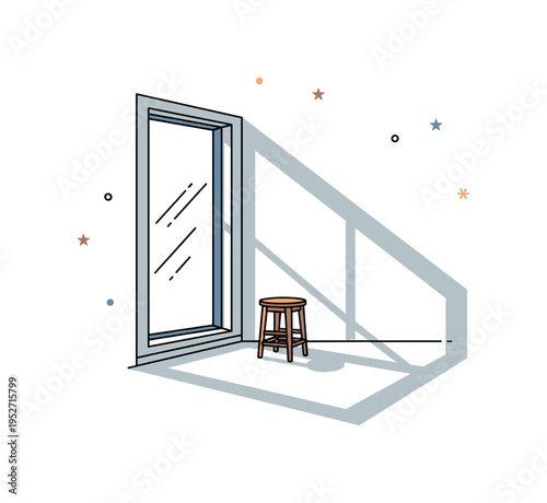 Minimal loft with oversized window featuring a clean rectangular frame casting gentle geometric shadows on the floor beside a simple stool,