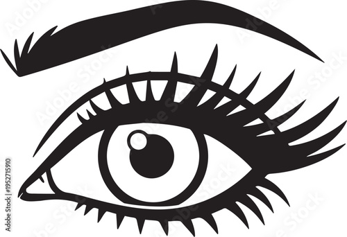 Detailed black and white line drawing of an eye with eyelashes and brow