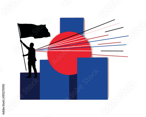 black and white silhouette holding a waving flag, oversized dynamic composition, vivid crimson circle intersecting with deep blue geometric blocks, thin
