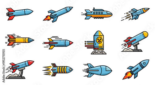 A collection of various cartoon-style rockets, missiles, and bombs, depicted as icons with different designs and propulsion effects.