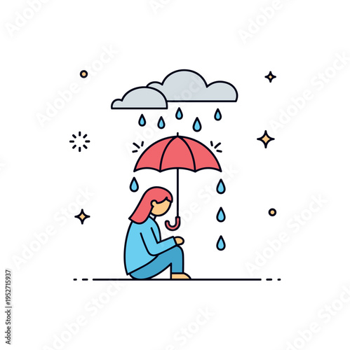 Solitary rain moment featuring a single figure under a small umbrella with gentle raindrops falling, expressing sorrow and emotional heaviness. Soft curved