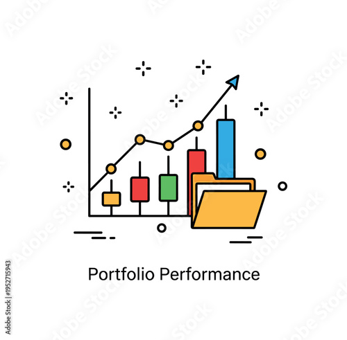 Financial chart investment tracking theme shown as a rising candlestick graph with a small portfolio folder icon, symbolizing stock monitoring and informed
