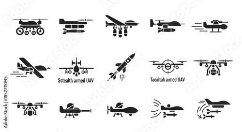 Collection of black and white icons depicting various types of military drones, armed UAVs, and missiles.