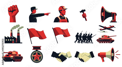 Collection of communist and socialist symbols including workers, red flags, military vehicles, and industrial elements.