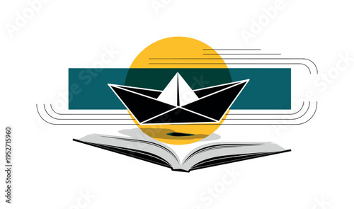 Realistic black and white paper boat floating above book pages, vibrant yellow circle echoing its shape behind it, deep teal rectangular stripe dividing