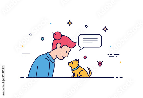 Talking to pet listening moment concept featuring a person leaning slightly toward a small animal with attentive posture and a subtle dialogue