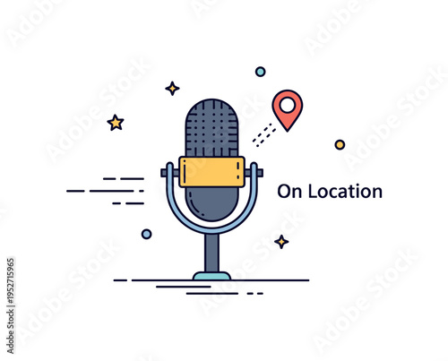 Field reporter microphone scene centered on a handheld mic with tiny location pin icon nearby. Subtle motion lines and a ?On Location? text detail highlight