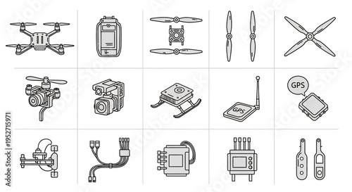 Line art icons depicting various drone components and accessories, including UAVs, propellers, gimbals, GPS modules, flight controllers, and batteries.
