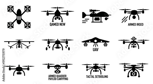 A collection of black and white vector icons depicting various types of drones, including quadcopters, armed drones, and UAVs.