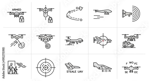 A collection of line art icons depicting various types of drones, unmanned aerial vehicles (UAVs), and related military and surveillance technologies.