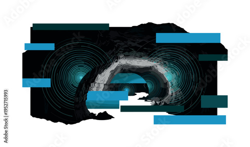 Black and white cave interior with abstract bioluminescent patterns glowing along walls, concentric circles and semicircles representing emitted light waves,