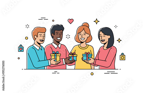 Friends exchanging small gifts and laughing together, illustrating appreciation, care, and the warmth of meaningful relationships. Minimalist flat vector