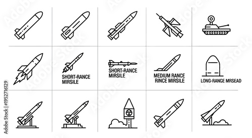 A comprehensive set of line art icons depicting various types of missiles, rockets, and military weaponry, including short, medium, and long-range missiles, launch systems, and a tank.