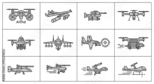 A collection of line art icons depicting various military aircraft, drones, and armed aerial vehicles, showcasing modern warfare technology.
