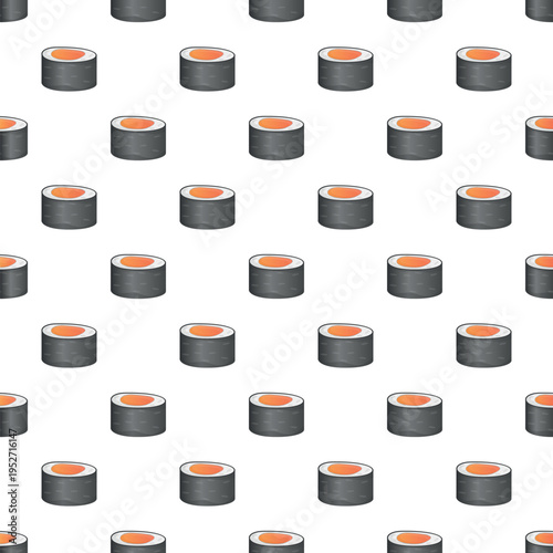 Sushi maki rolls repeating on a white background creating a seamless pattern