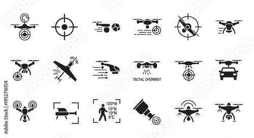 A comprehensive set of black and white vector icons depicting various drone types, surveillance systems, targeting mechanisms, and tactical applications in modern technology.