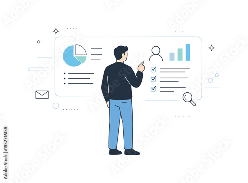 Holographic display interaction. A person standing in front of a floating holographic screen, calmly reviewing digital information. Soft glow elements and