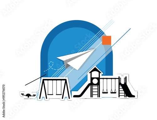 Black and white paper plane flying above simplified playground silhouettes, bright blue geometric arch framing the upper area, orange small square accent for