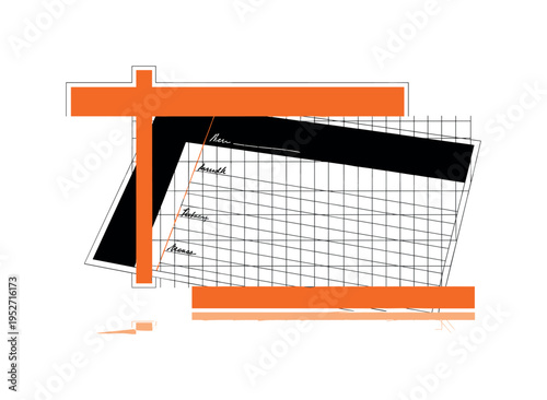 Black and white enlarged notebook page partially cropped with visible handwritten lines, framed by bold orange rectangular bars and fine black grid lines
