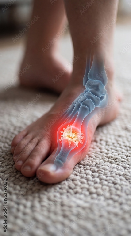 Naklejka premium Woman foot with highlighted inflamed joint. Medical illustration showing gout and arthritis symptoms. Digital visualization of bone inflammation and pain in toe for diagnostic healthcare concept.