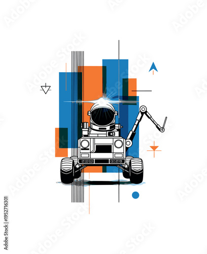 Front-facing black and white moon rover with extended robotic arm, layered with overlapping blue and orange flat blocks and thin vertical lines, concentrated