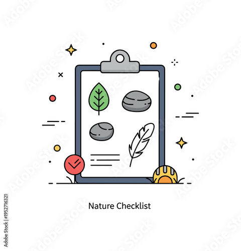 Nature scavenger hunts educational activity concept with a clipboard holding illustrated item icons such as leaf, stone, and feather, expressing structured