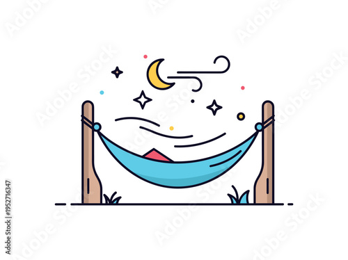 Evening cool down outdoors centered on a hammock slightly swaying with curved motion lines, accented by minimal star icons to suggest fresh nighttime air. The