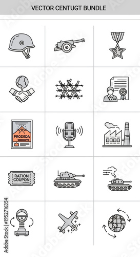 A comprehensive collection of vector icons depicting military equipment, industrial processes, social issues, and global relations.