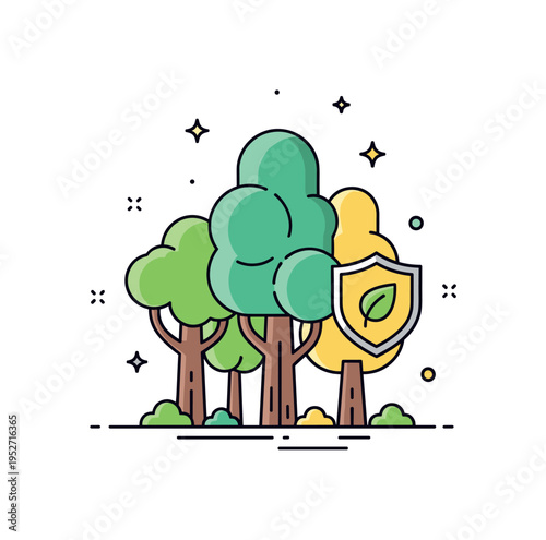 Forest conservation concept depicting a group of healthy trees with a small shield leaf icon integrated subtly into the scene, symbolizing environmental