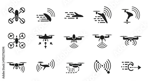 Collection of black and white vector icons depicting various drones, their flight paths, wireless signals, and operational movements.