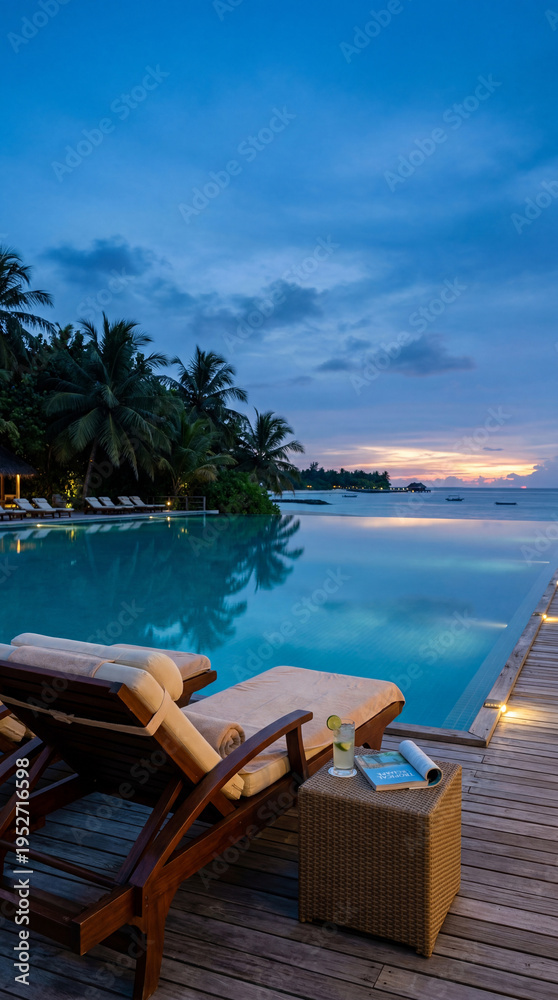 Fototapeta premium Luxury Infinity Pool at Sunset, Tropical Resort, Maldives Vacation, Beachfront Oasis, Serene Escape, Copy Space, Travel Destination, Relaxation