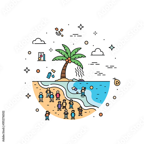 Ecological impact of mass tourism illustrated by a crowded beach with small simplified tourists surrounding a stressed palm tree and subtle litter icons,
