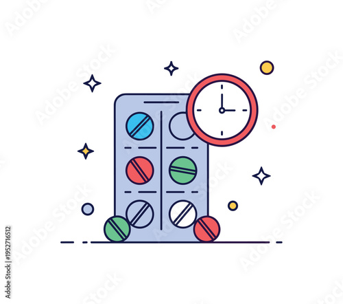 Over the counter pain relief tablets displayed as a simple blister pack with a small clock icon nearby, symbolizing temporary symptom control and everyday