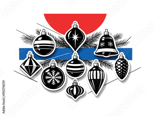 Black and white arrangement of multiple retro baubles in symmetrical layout, bold red circle partially cropped at the top, abstract blue rectangular strip