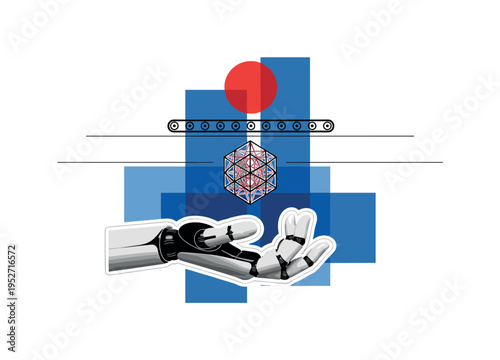 Black and white robotic hand holding a small geometric cube, vivid red circle marking focal point above the cube, thin horizontal lines extending like conveyor