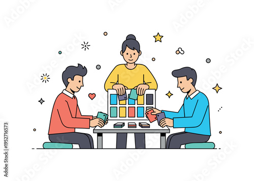 Friends playing a colorful memory card game on a small table, illustrating concentration, teamwork, and the joy of cognitive challenges. Minimalist flat vector