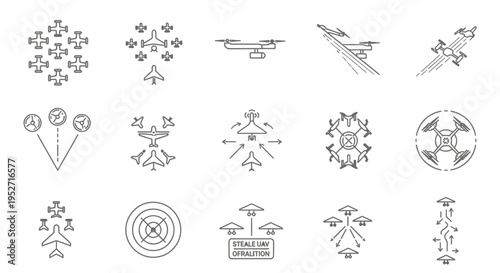 Line art icons illustrating drone technology, aerial vehicle formations, flight patterns, and strategic unmanned aerial system operations.