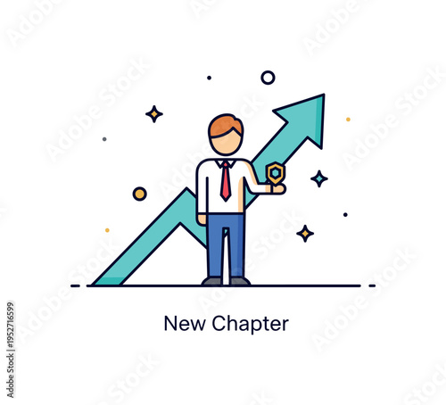 Next generation leader symbolized by a rising arrow behind a standing figure holding a small emblem. A compact ?New Chapter? caption emphasizes progress,