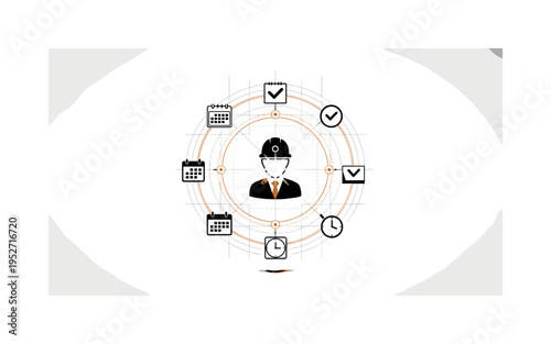 Monochrome composition of multiple small productivity icons (calendar, checkmark, clock) arranged around a central black and white worker figure, integrated