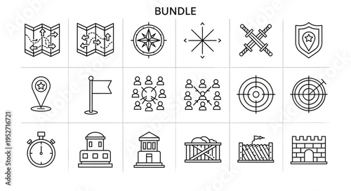 Bundle of line icons for strategy, navigation, military, and historical structures, including maps, compasses, targets, flags, and castles.