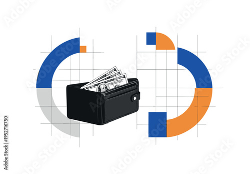Black and white wallet opening with bills visible, abstract semicircles and thin grid lines structuring the layout like financial rhythm, cobalt blue and warm