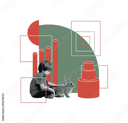 Black and white child sitting calmly beside a rabbit, oversized muted green semicircle framing the interaction, warm red cylindrical forms stacked vertically