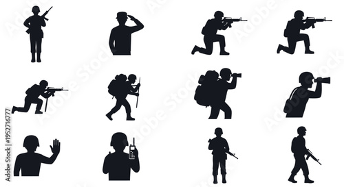 Collection of black silhouettes depicting soldiers in various military actions and poses, including standing, kneeling, saluting, and carrying equipment.